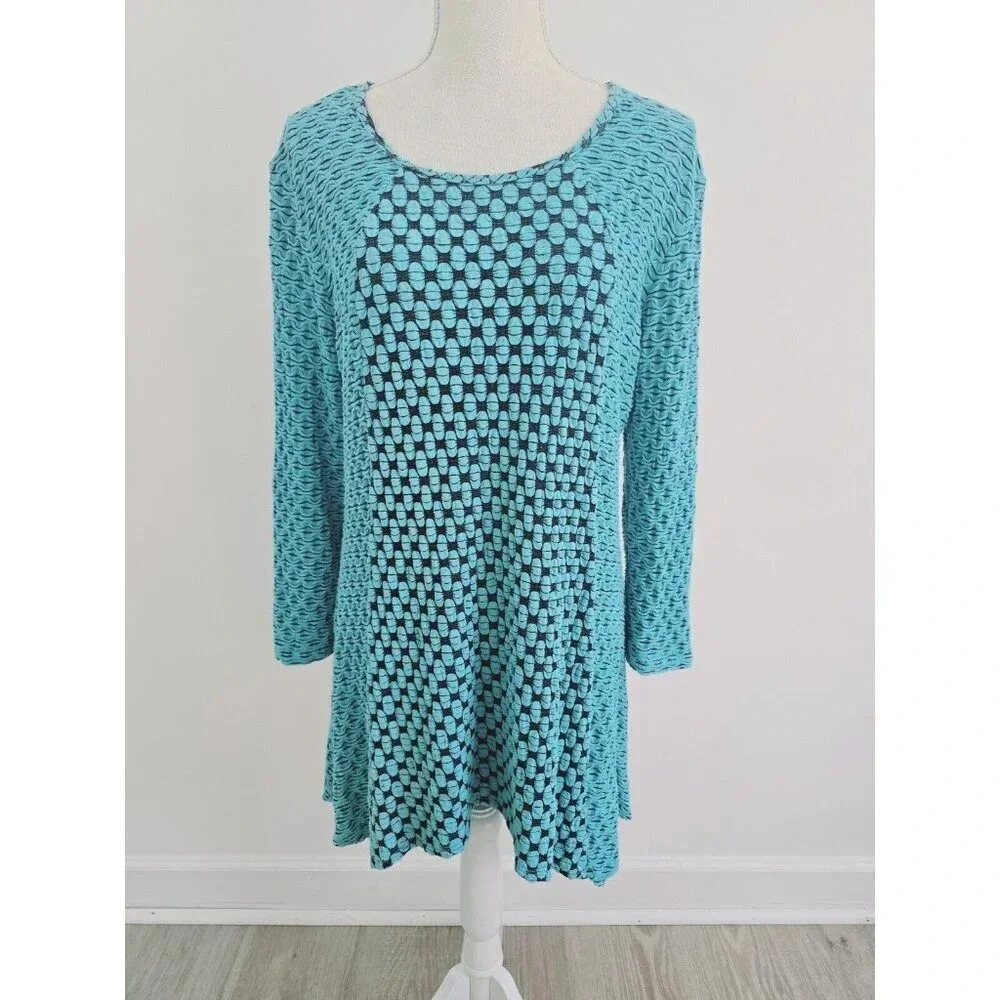 Tianello Knit Jersey Jaquard Blue Black Aston 3/4 Sleeves Tunic Top Blouse Large